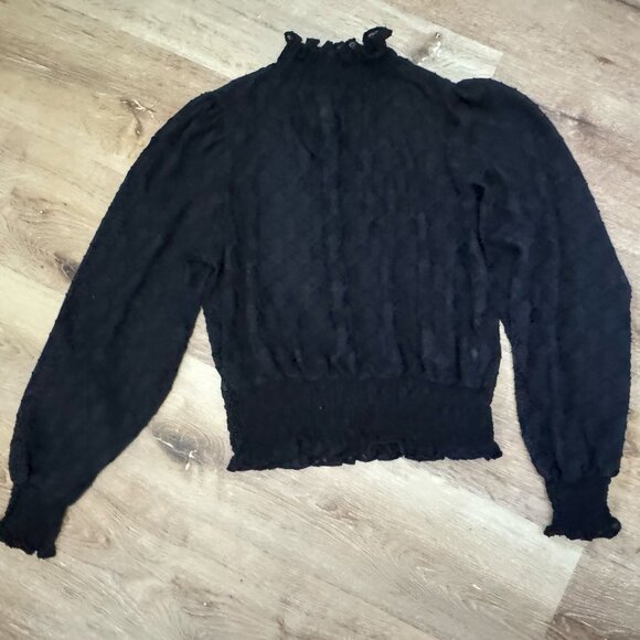 Black Lace Smocked Ruffle Mock Neck Blouse | Statement Top - Picture 5 of 6